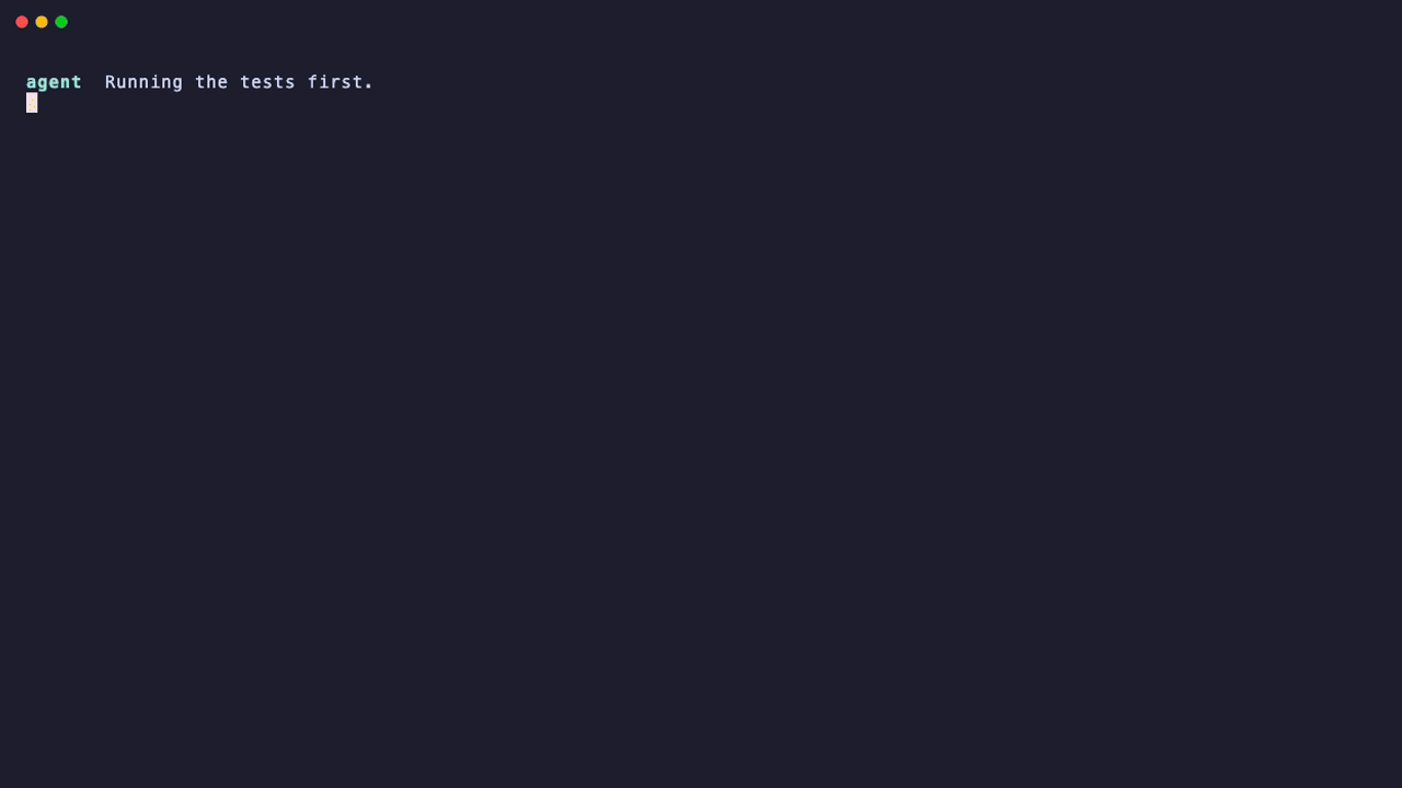 An agent runs the tests, edits a file, says all tests pass, and is stopped with the receipt and the edited file; it reruns, sees the failure, fixes it and ends green