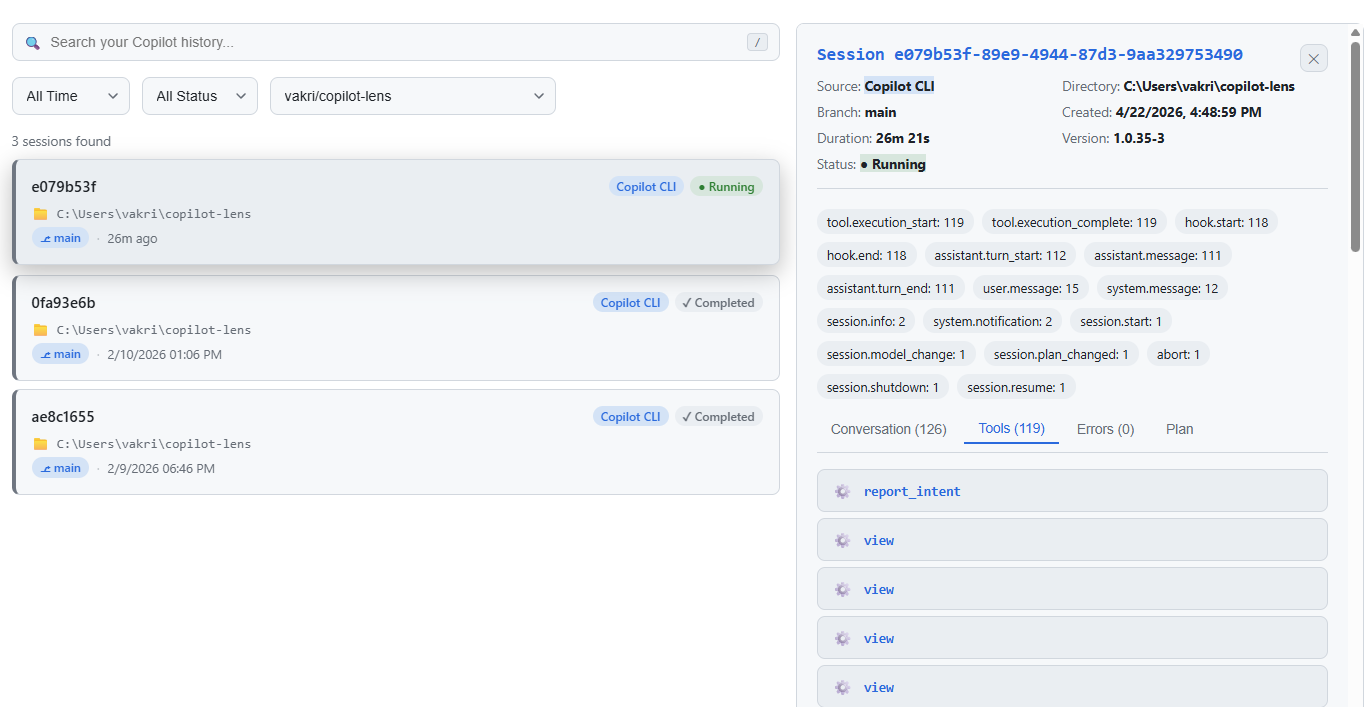 Unified session browser across Copilot CLI, VS Code Copilot Chat, and Claude Code