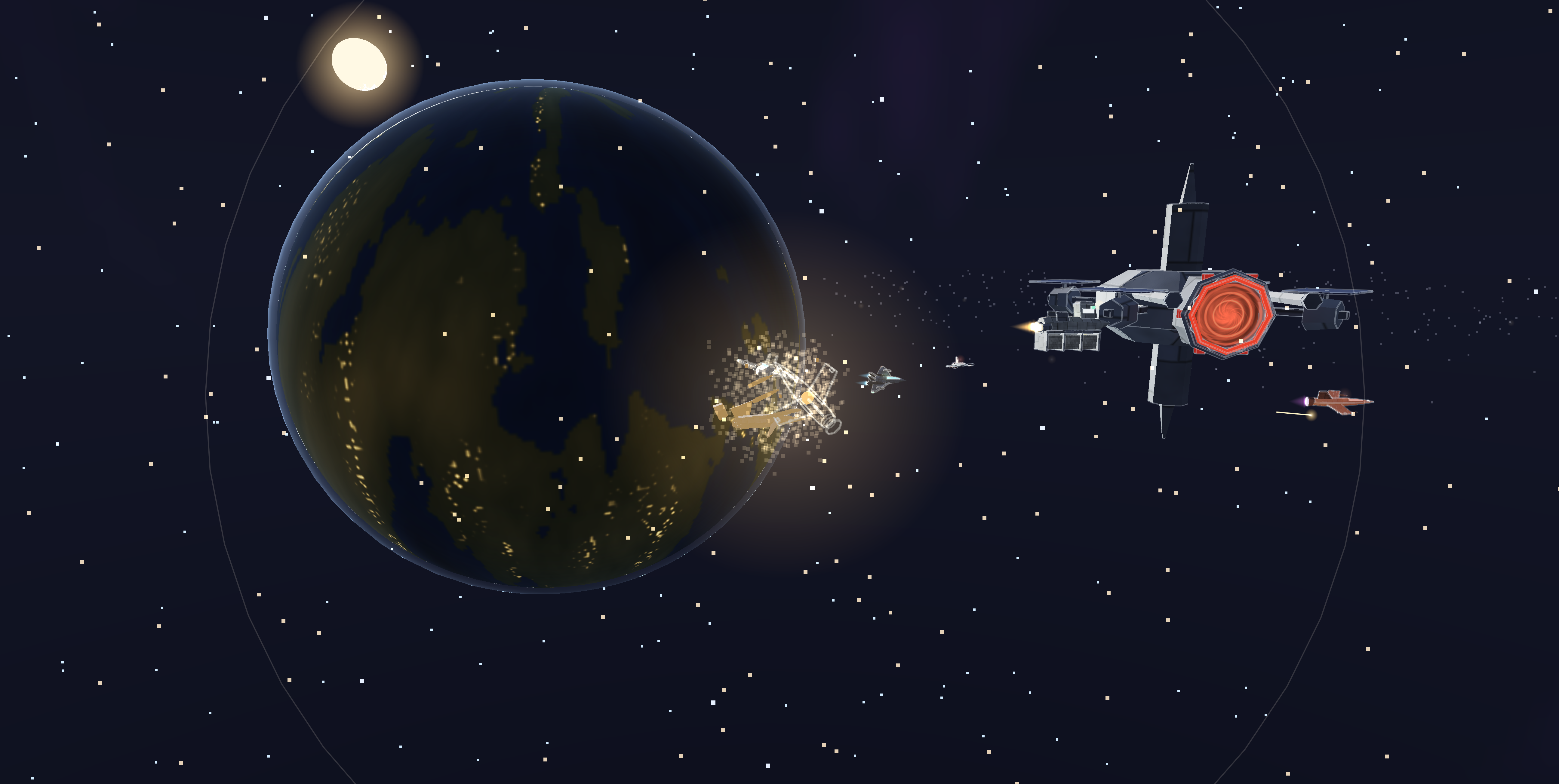 One frame of Contact, the demo's sixty-second film: a planet with city lights across its night side, a station, fighters, a fireball and a starfield