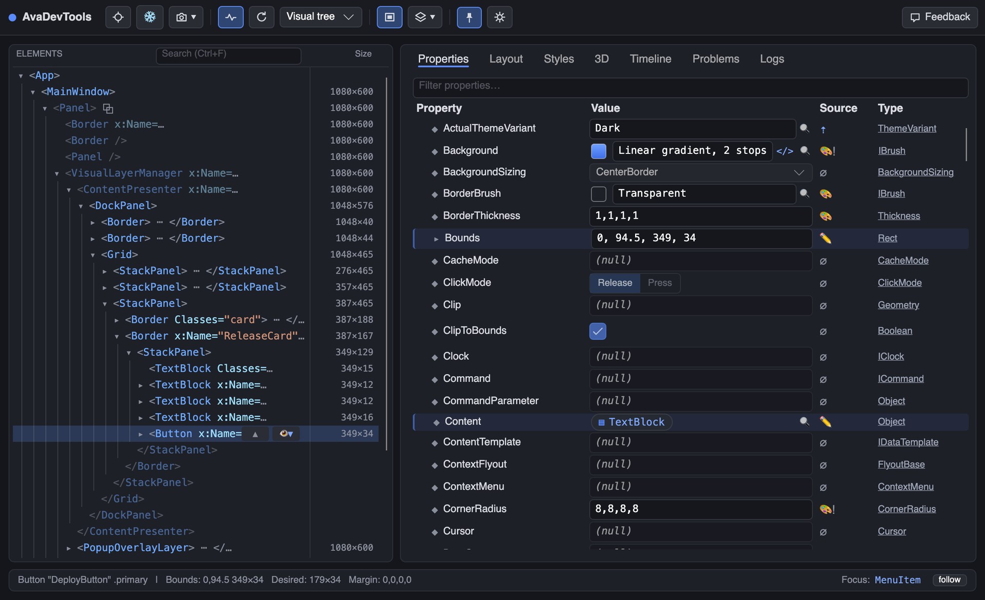 AvaDevTools: the element tree and live properties