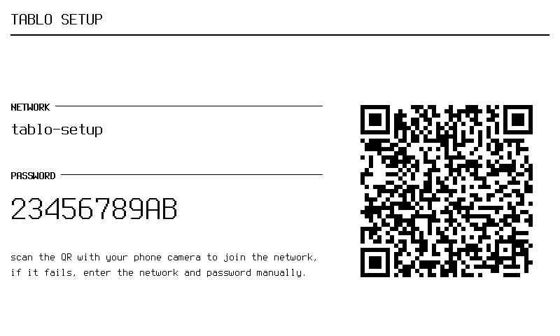 Access point screen: network name, password and QR code
