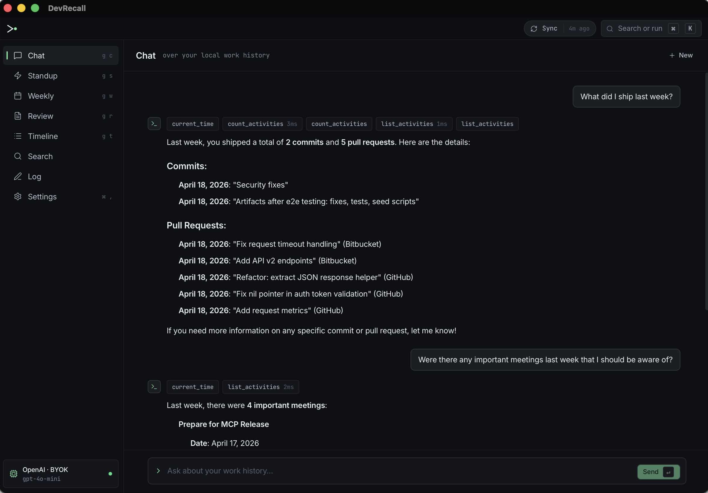 DevRecall desktop app — chat over your local work history