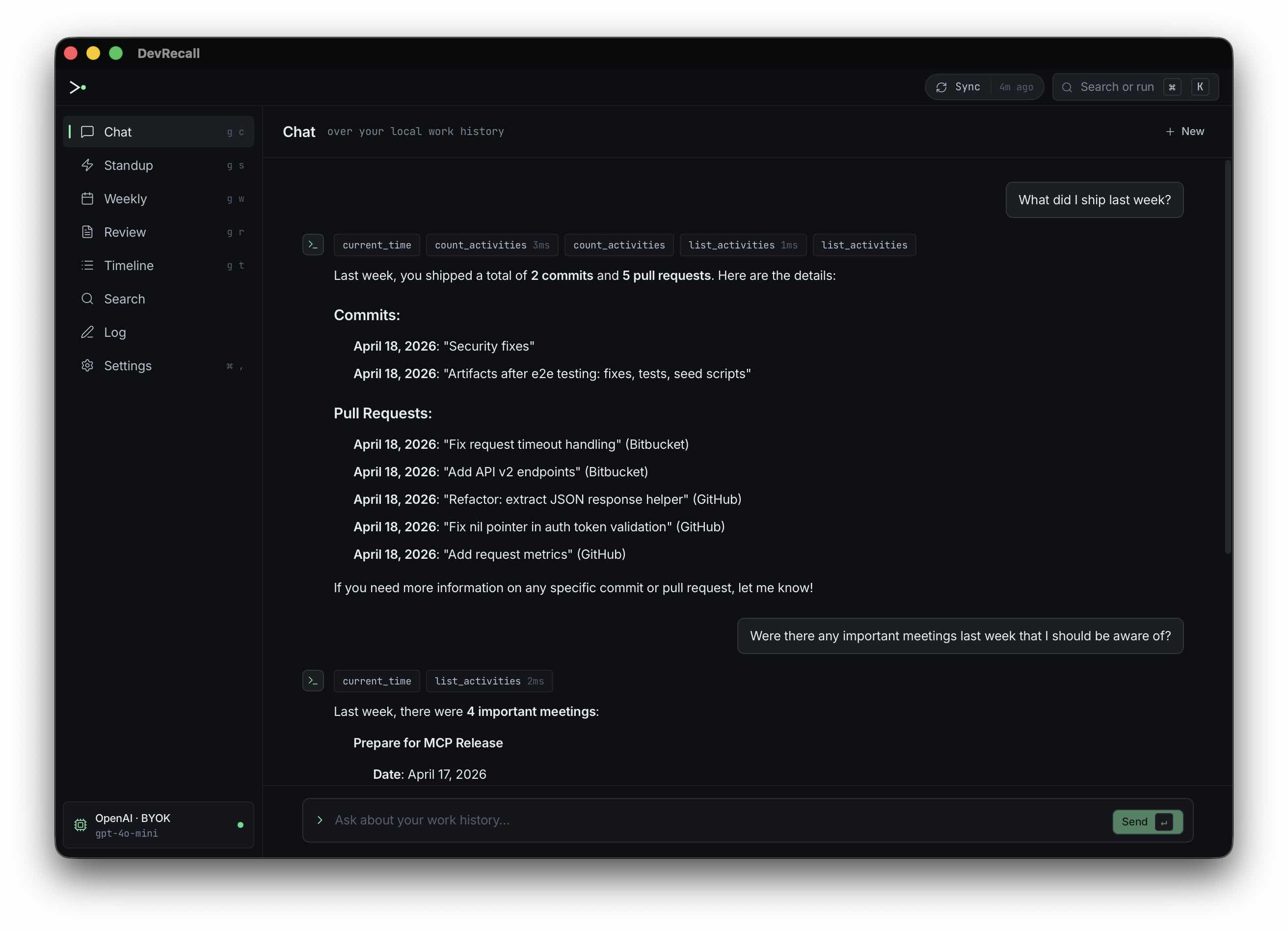 DevRecall desktop app — chat over your local work history