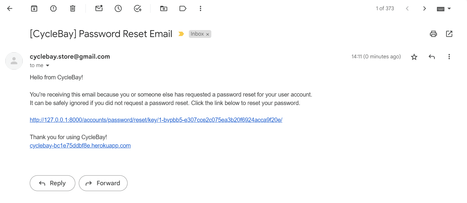 password reset email