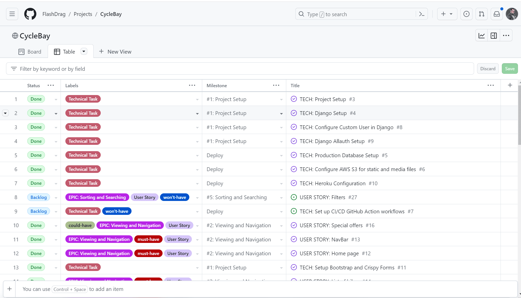 GitHub Project Table