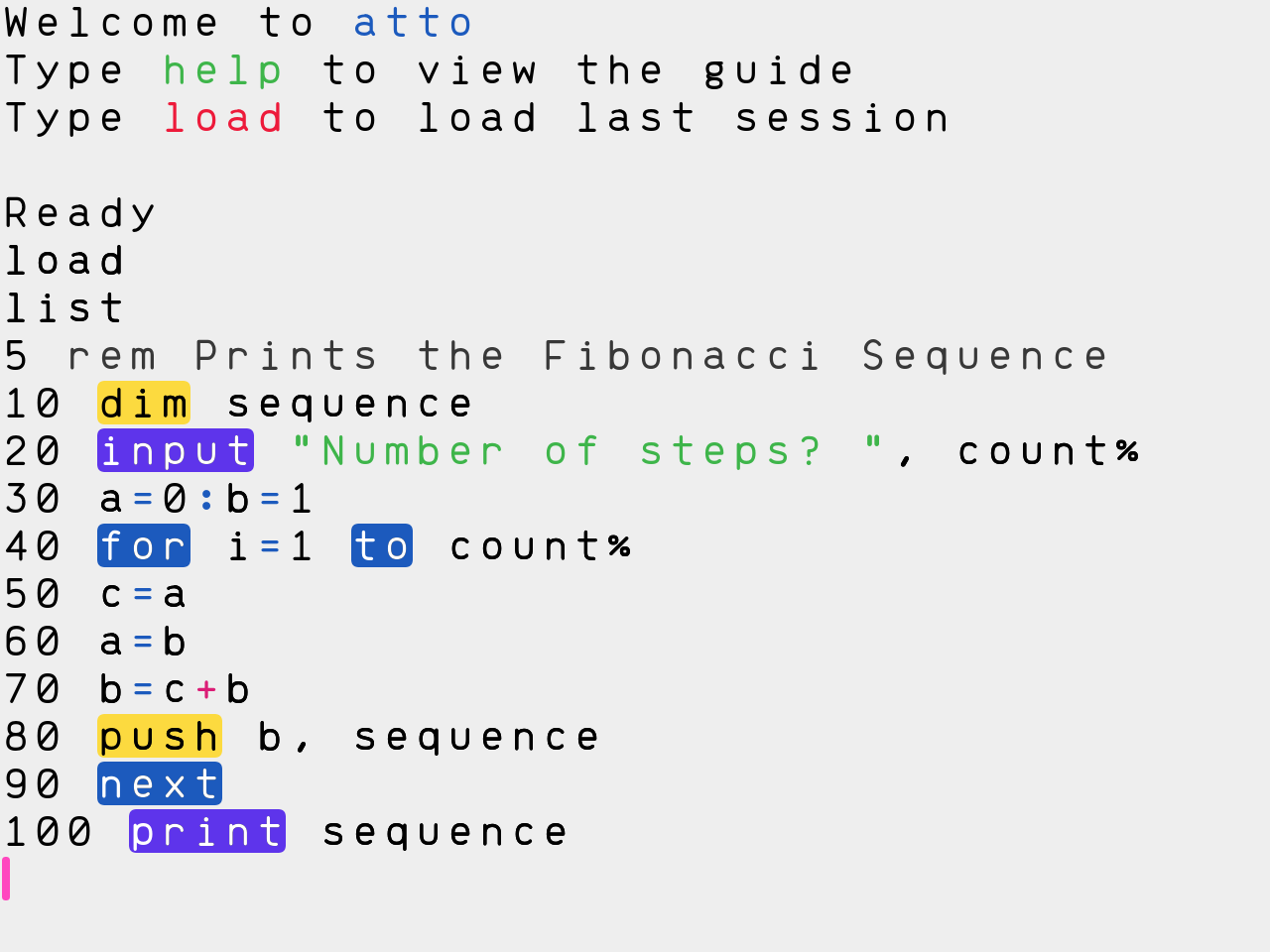 Screenshot of atto showing code to print the Fibonacci Sequence
