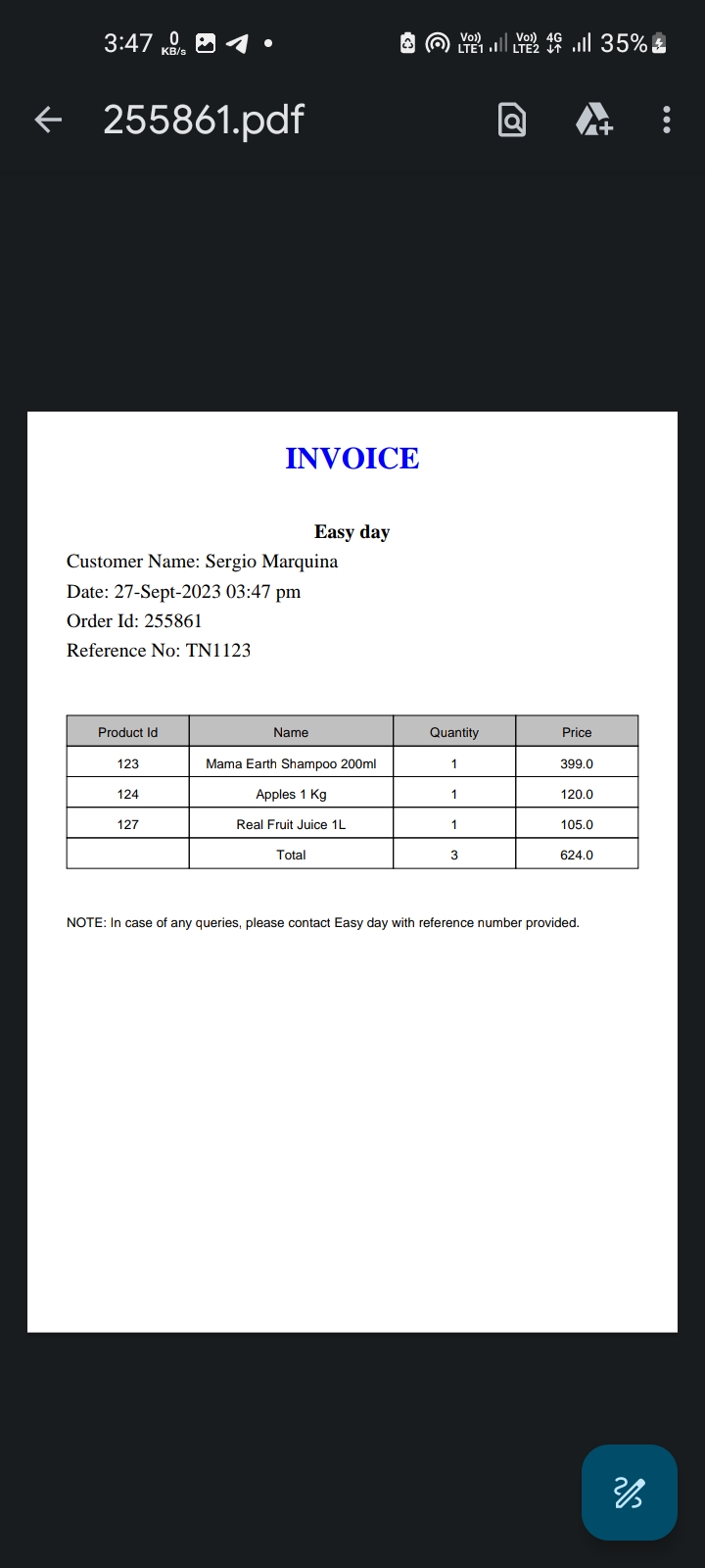 Invoice Downloaded to user device