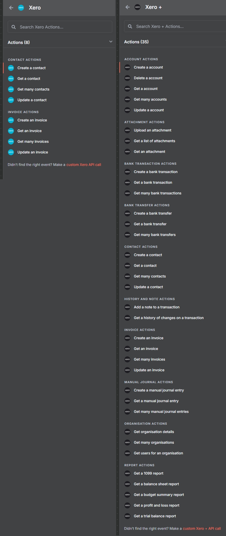 Xero Extended Action Comparison
