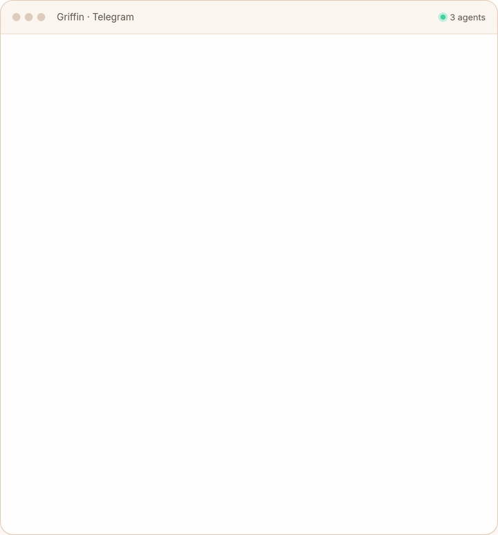 Griffin in Telegram: the orchestrator delegates to a researcher and a writer, asks for approval to create a weekly job, then delivers the report with a chart