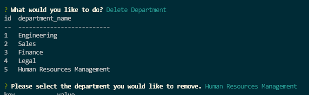 The following image shows the table presented when deleting a department