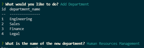 The following image shows the table that's prompted when needing to add a new department and the question the user would need to answer