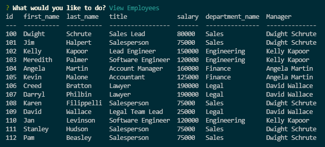 The following image showcases the the table that the user will be presented with when choosing 'View Employees'.