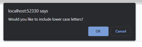 The following image shows the window prompted for the user to include numbers within their generated password or not.