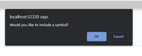 The following image shows the window prompted for the user to include a symbol in their generate password or not.