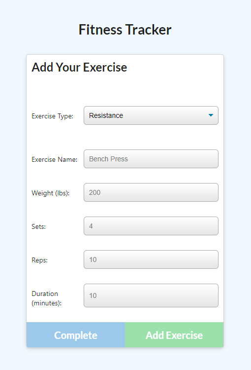 The following image displays the questions prompted for a resistance workout