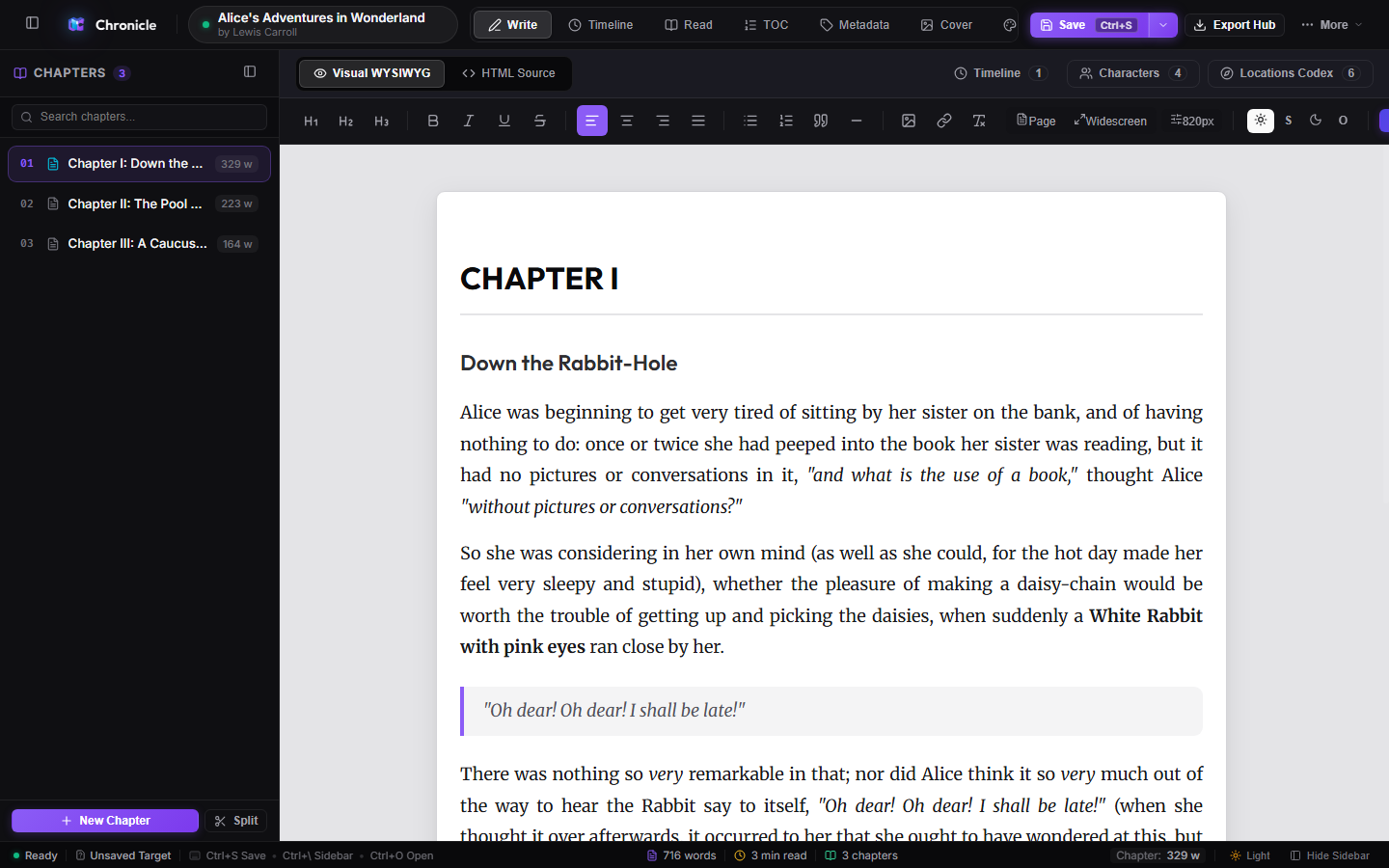 Chronicle Studio manuscript editor with chapter navigation and writing tools