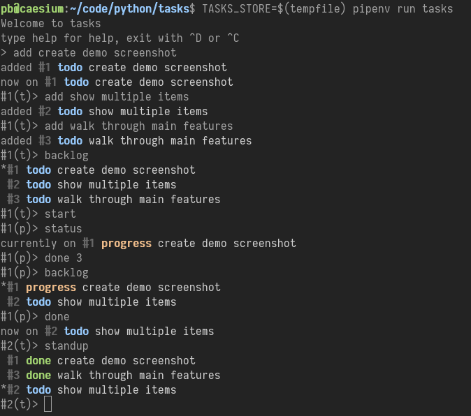 Screenshot of a tasks session