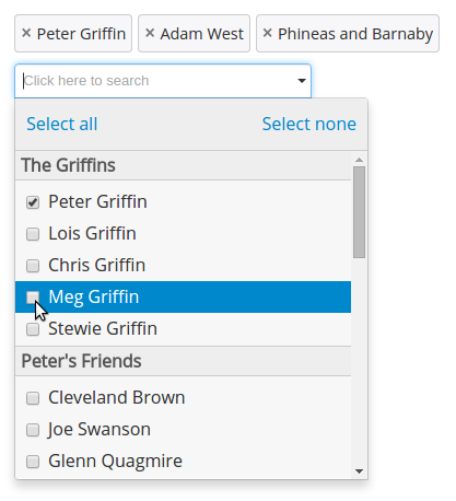 Example of a searchable option list with groups