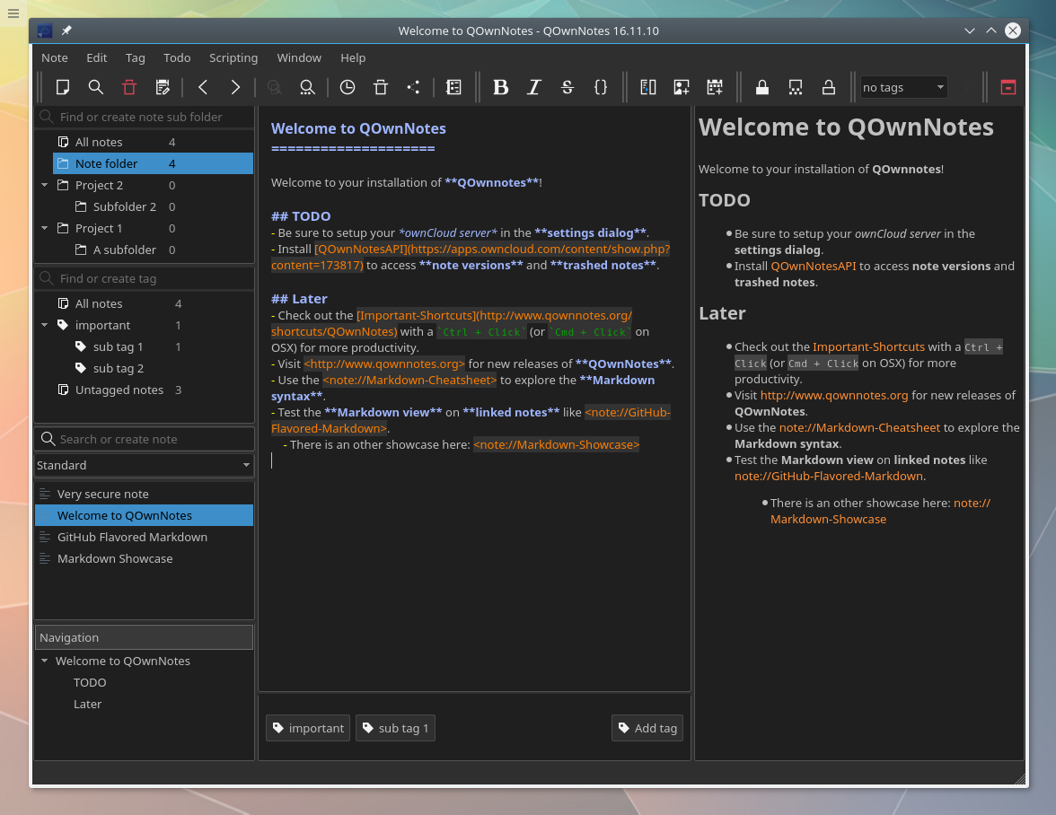 QOwnNotes displaying a Markdown note in its dark interface