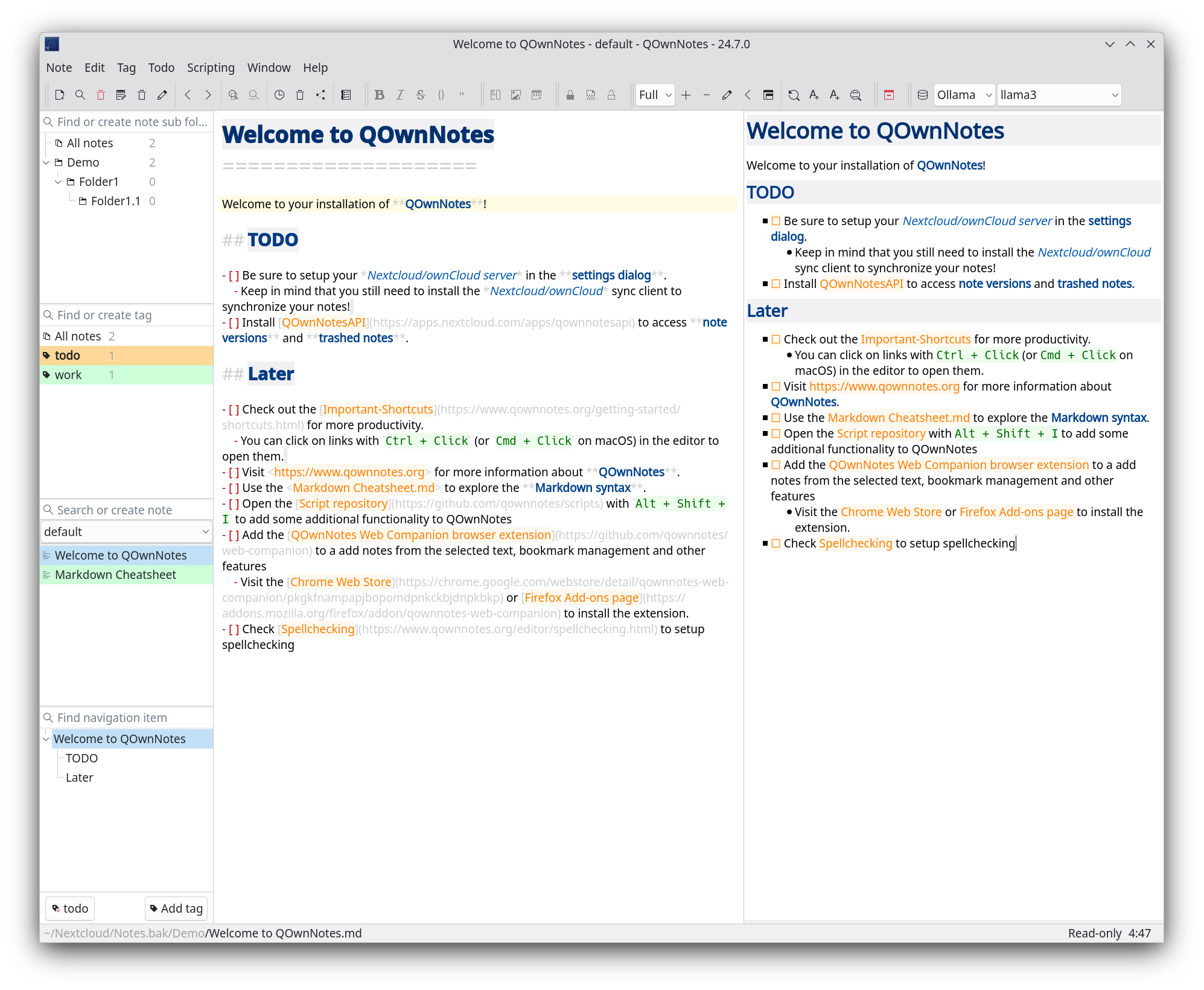 QOwnNotes showing folders, tags, Markdown source, and rendered preview