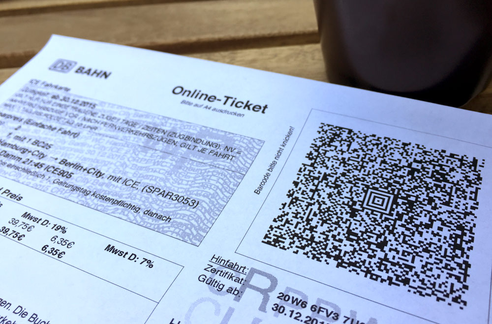 The Aztec code on a home-printed ticket