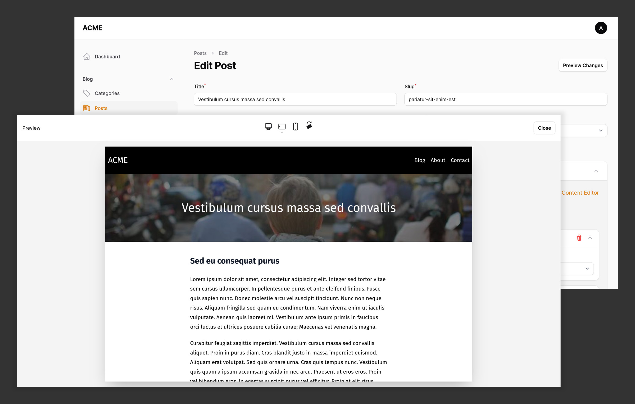 Screenshots of the edit page and preview modal