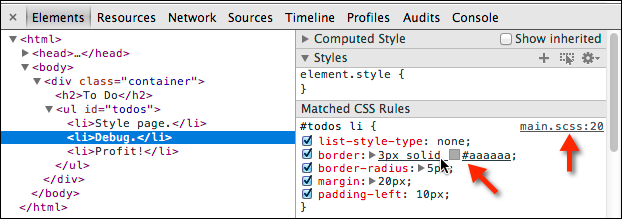 Elements panel showing .scss stylesheet