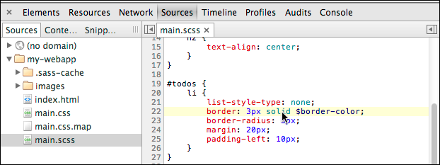 Sources panel showing .scss file