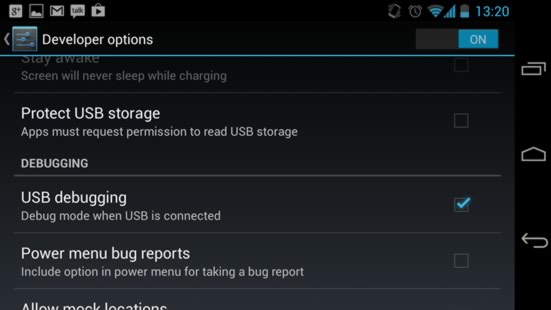 USB debugging settings in Developer options