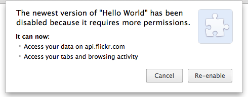 Permission warning: 'It can: Access your data on api.flickr.com and flickr.com; Read and modify your browsing history'