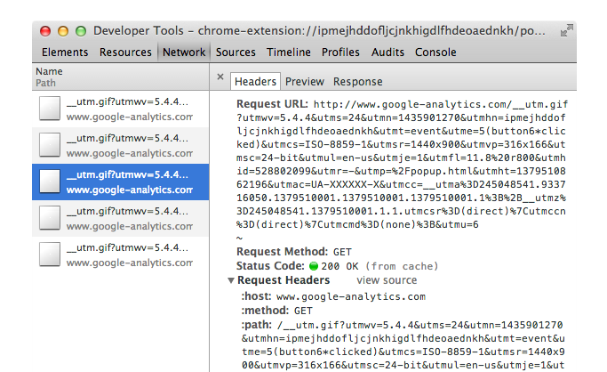 Developer Tools window showing the __utm.gif request