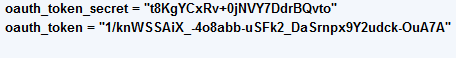 A screenshot showing the generated token and secret at bottom of the OAuth page