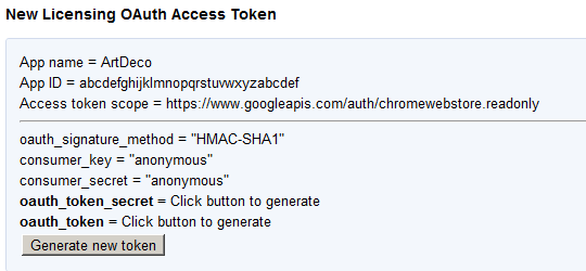 Miscellaneous OAuth-related information. The values for oauth_token_secret and oauth_token say 'Click button to generate'.