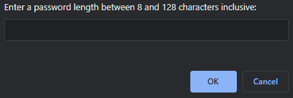 Prompt appears asking you to input a password length between 8 and 128 characters inclusive.