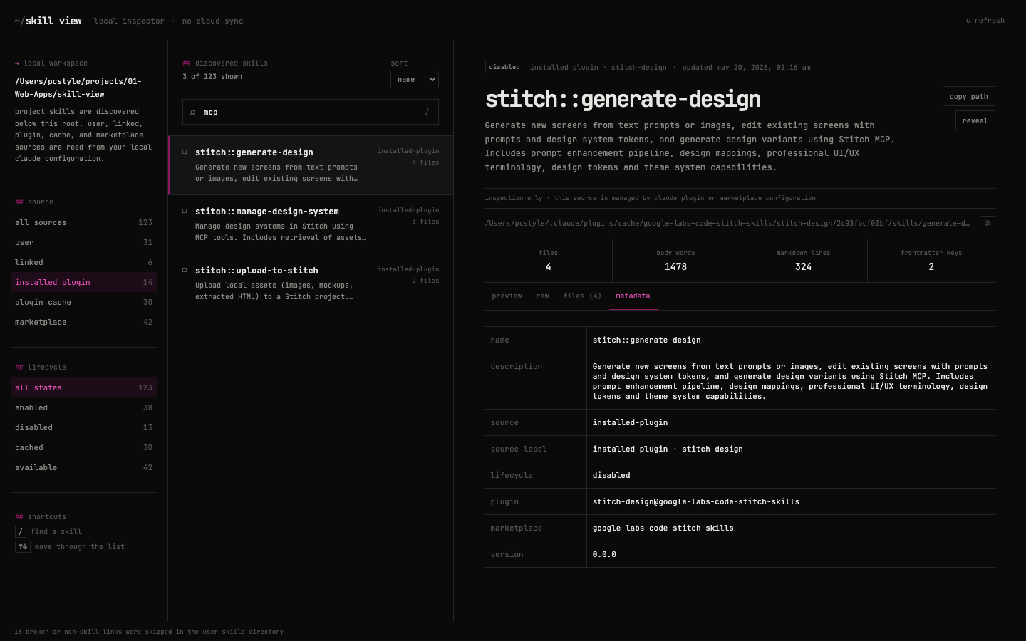 Metadata tab showing plugin, marketplace, and version provenance