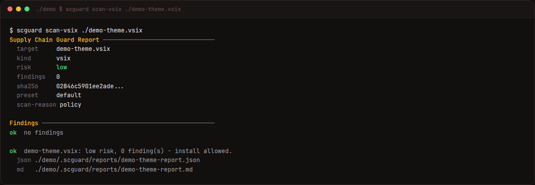 Supply Chain Guard scanning a VS Code extension artifact