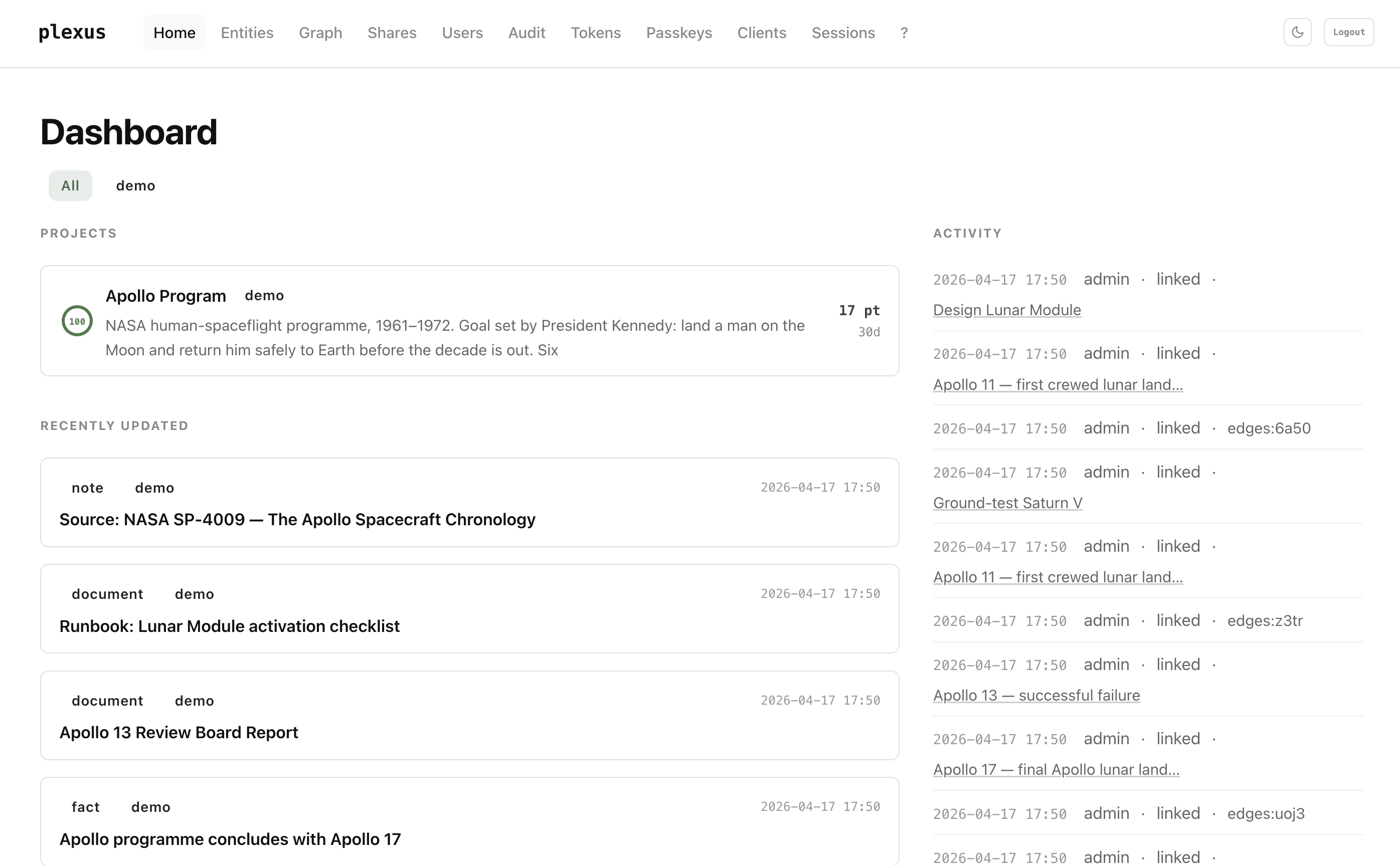 plexus dashboard home — projects, activity feed, context filter