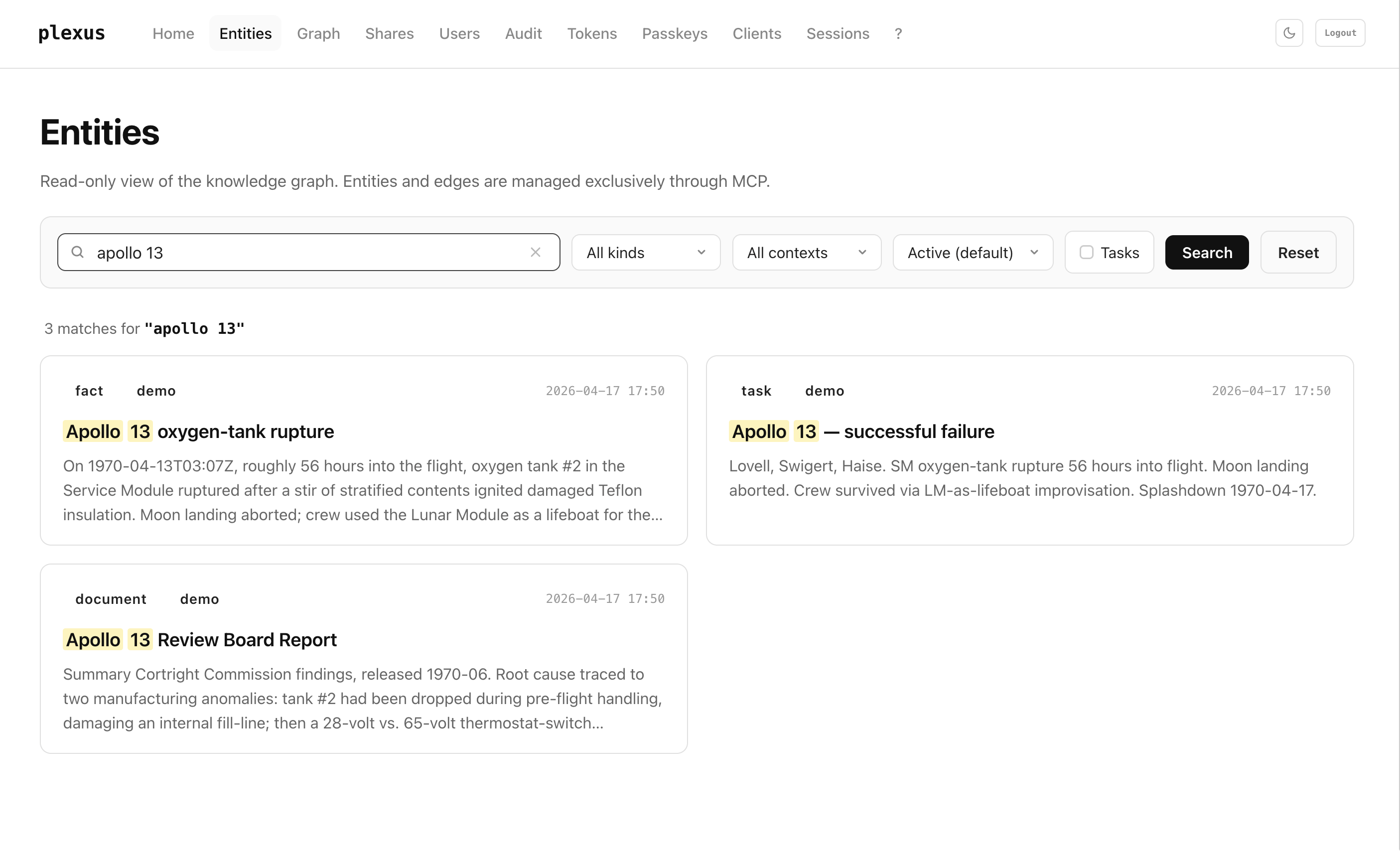 plexus entities browser — BM25 search with match highlighting