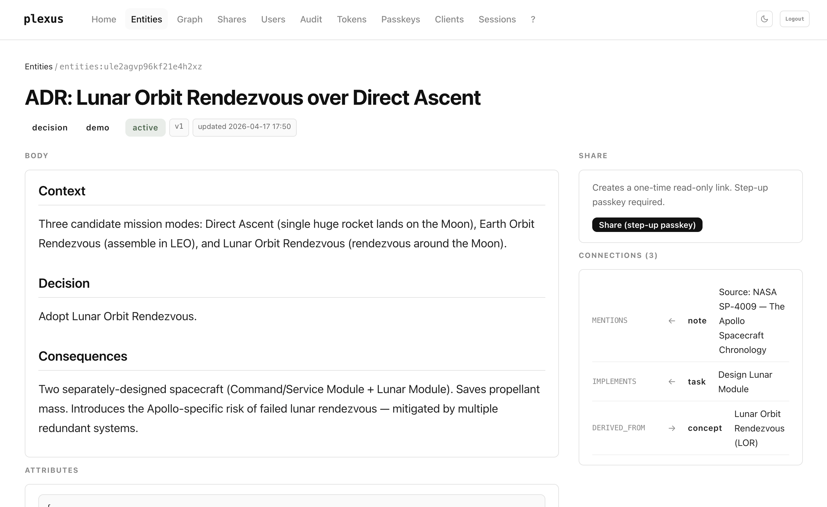 plexus entity detail — ADR with markdown body, attributes, and typed relations