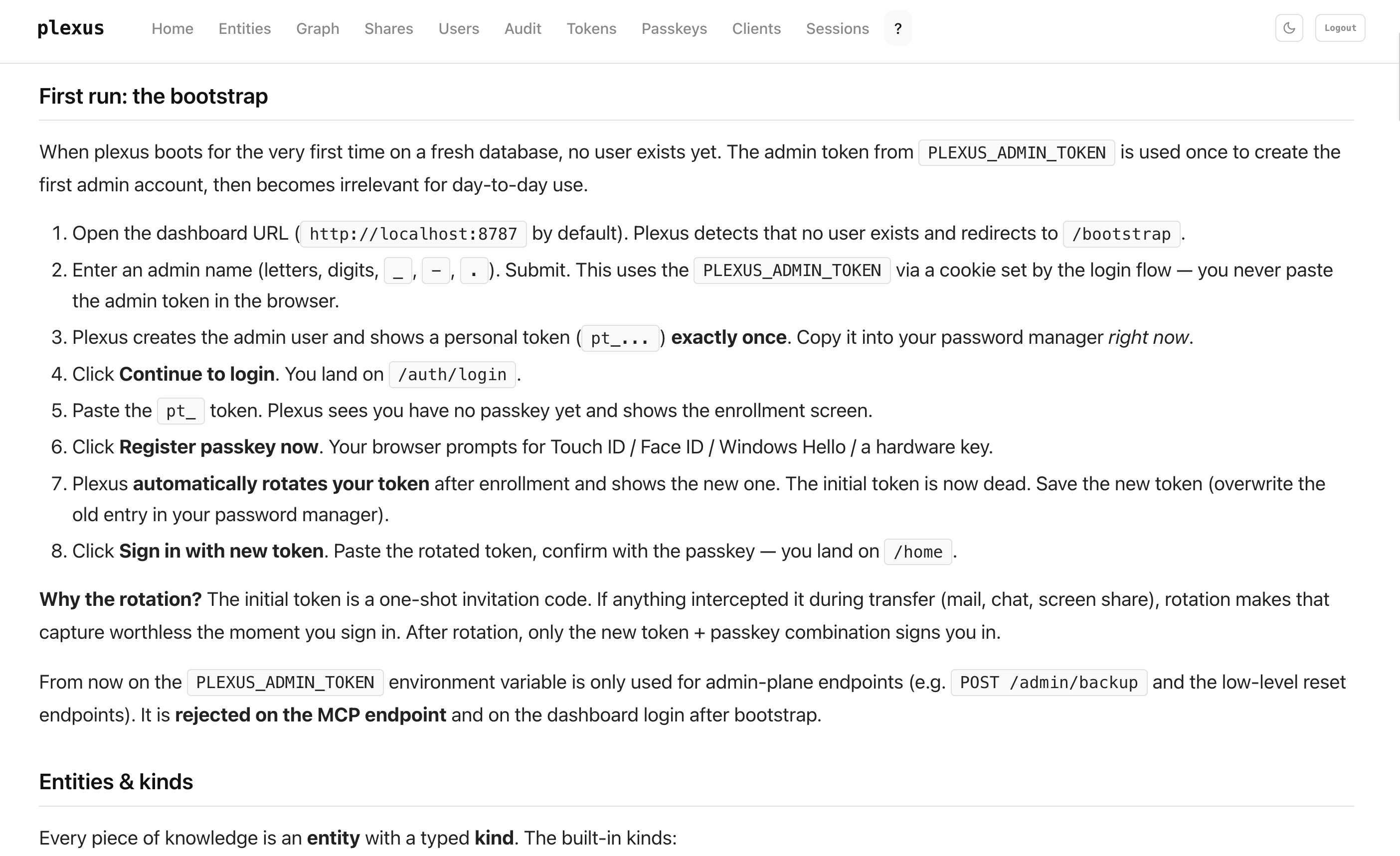 plexus help page — first-run bootstrap documentation