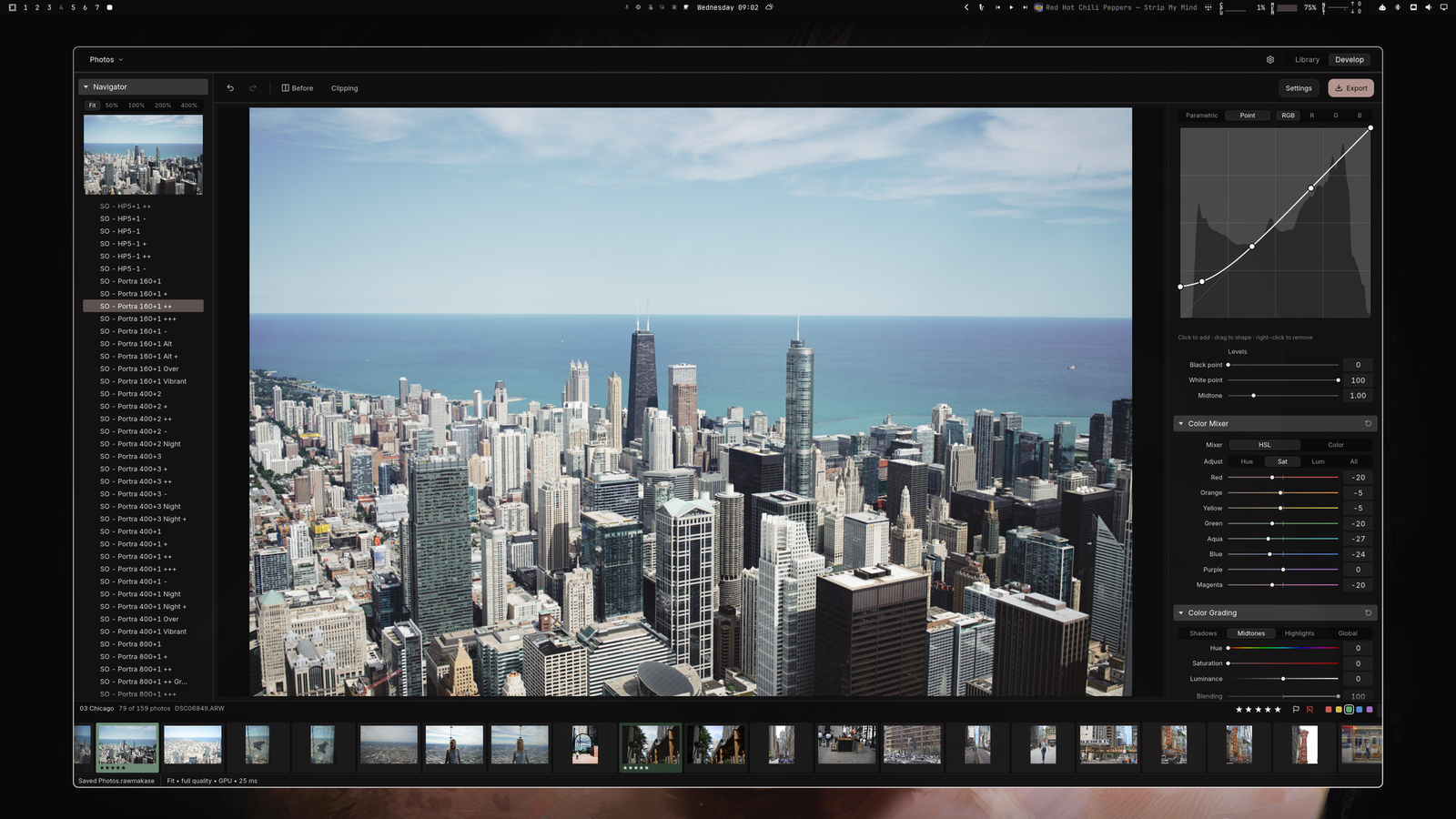 RAWmakase Develop view with presets, the photo, and curve and color controls