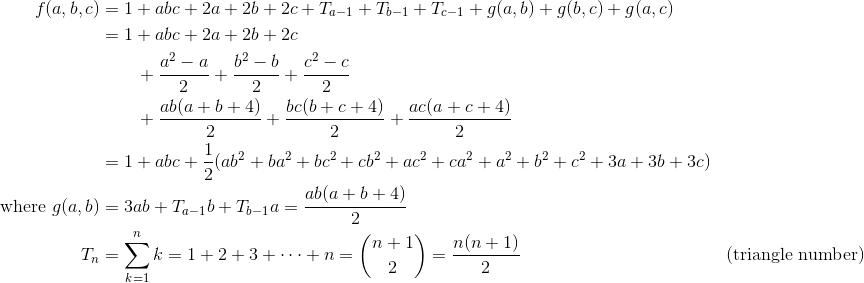 1 + abc + ½(aab + baa + bcc + cbb + acc + caa + aa + bb + cc + 3a + 3b + 3c)