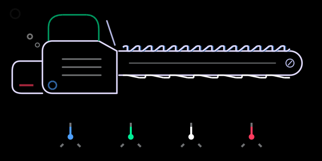 Supersaw synth engine screen from op1r, showing a chainsaw graphic with four knob indicators, rendered from the OP-1 screen code