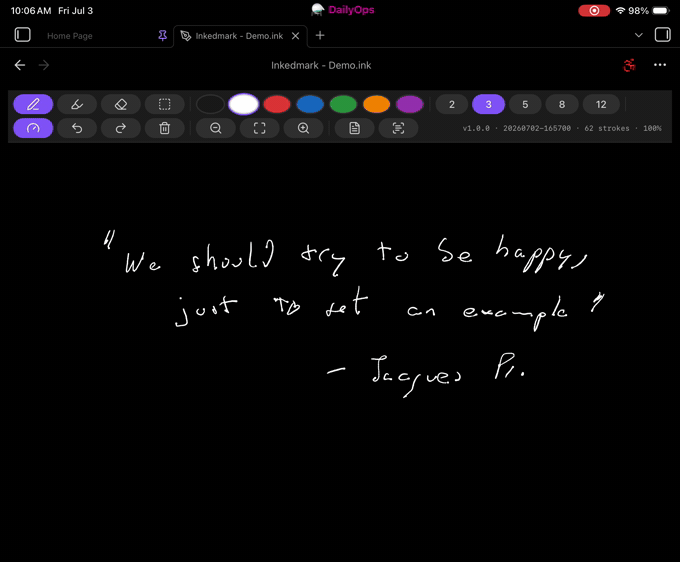 Handwriting a quote in InkedMark, then recognition adds it to the searchable text layer