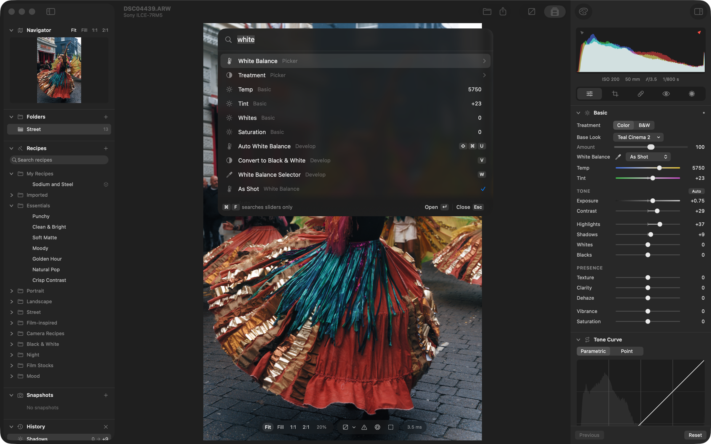 The command palette over a Sony α7R V raw file, searching for “white”: the White Balance and Treatment pickers, sliders with their values, and actions with their shortcuts