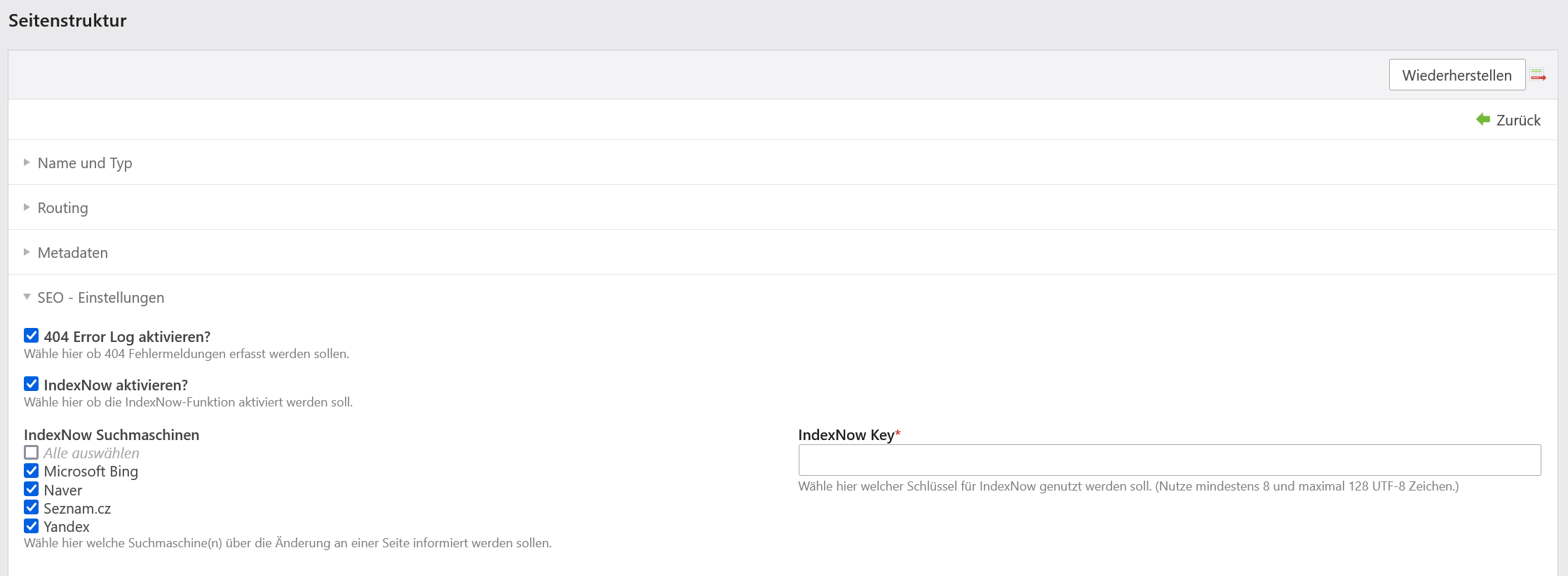 IndexNow settings