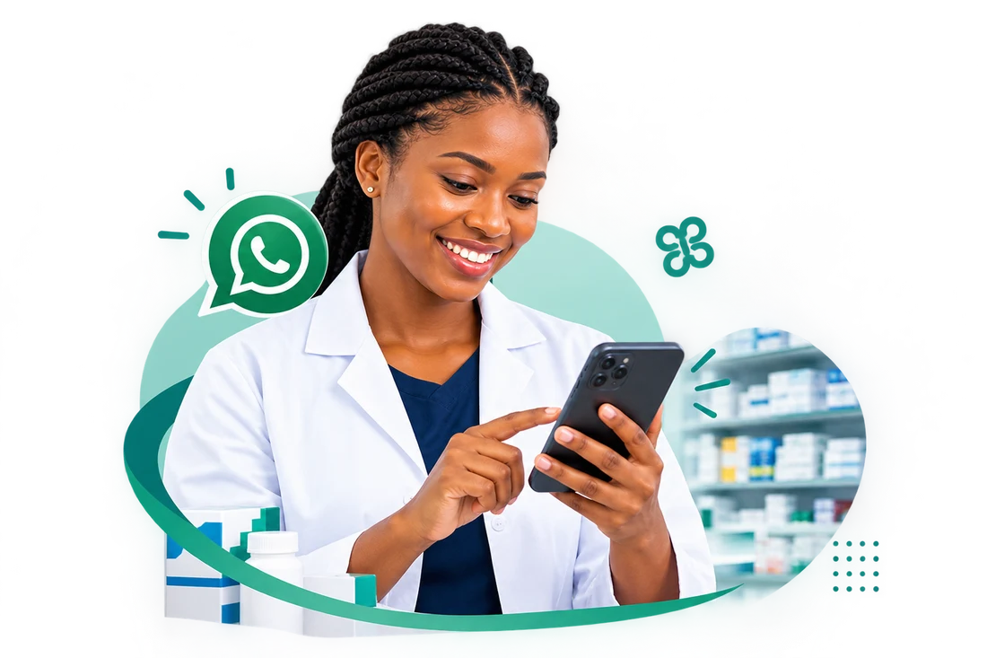 A smiling pharmacist in a white coat using WhatsApp on her phone, with medicine shelves behind her.