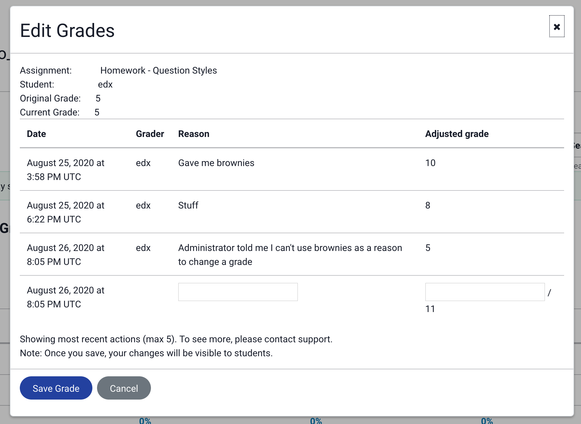 Screenshot of the grade editing interface