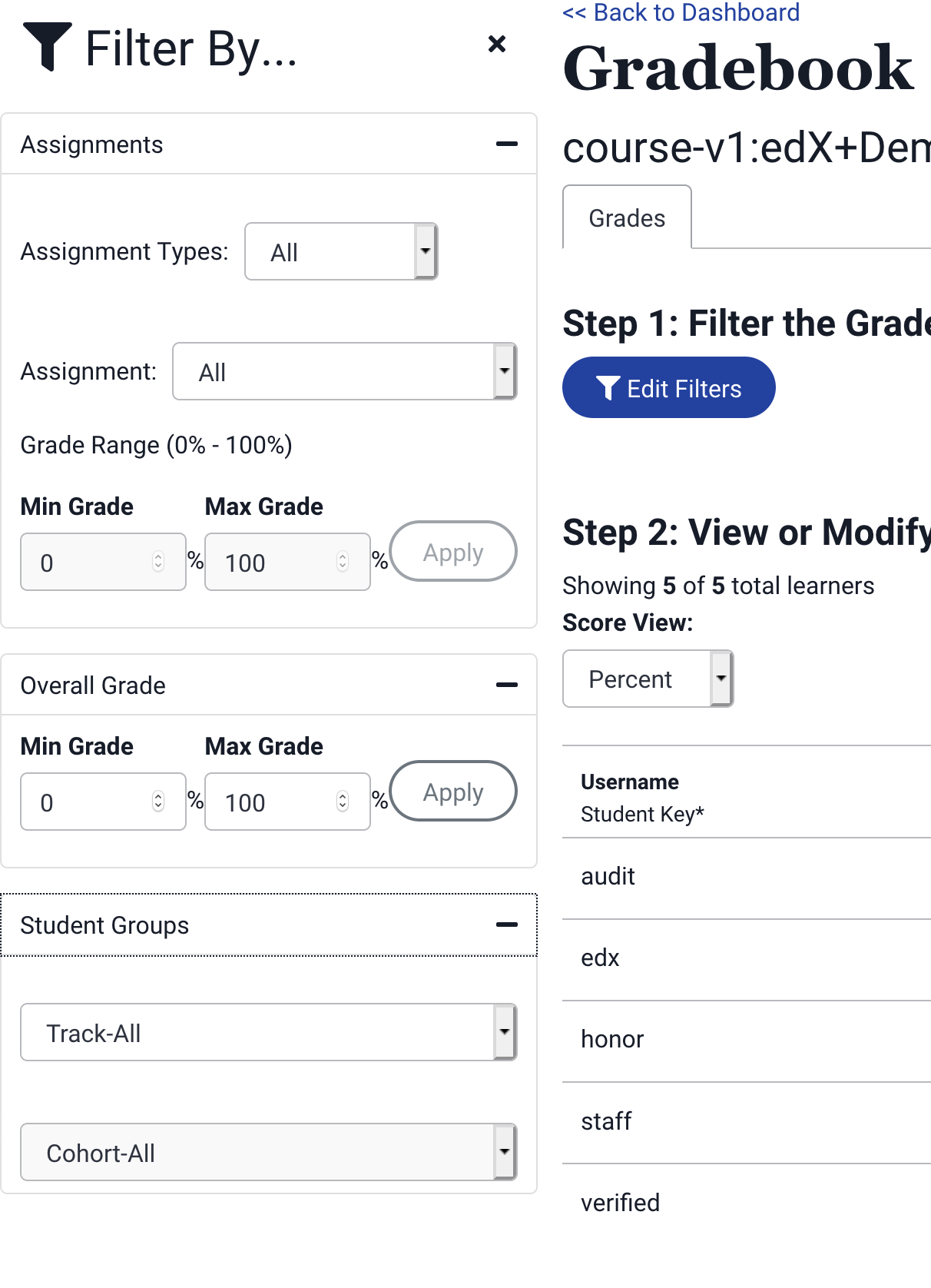 Screenshot of the filtering options