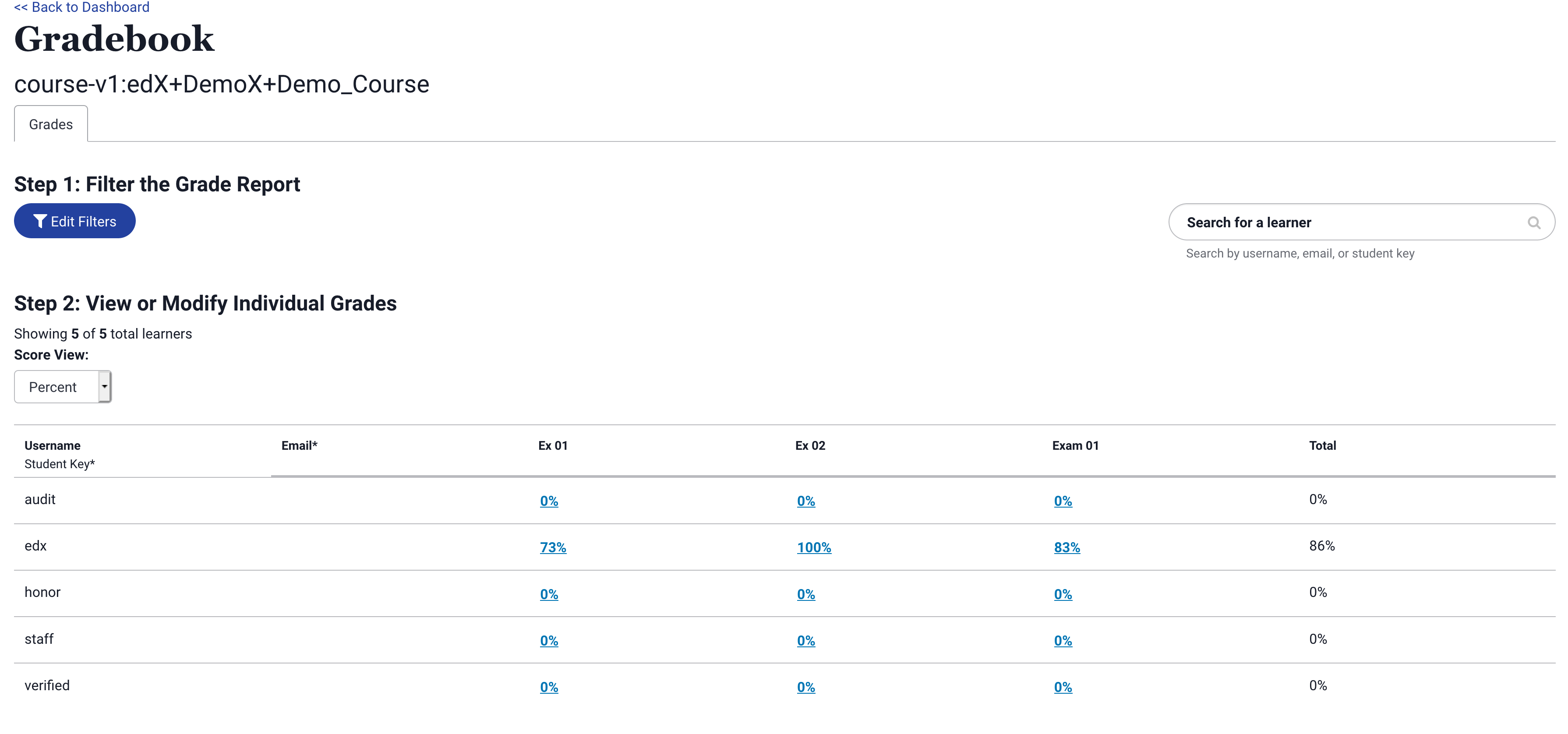 A screenshot of the grade listings